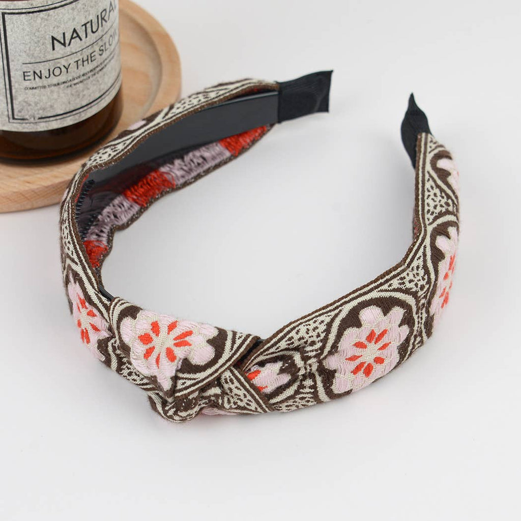 Boho Top Knot Embroidered Floral Headband