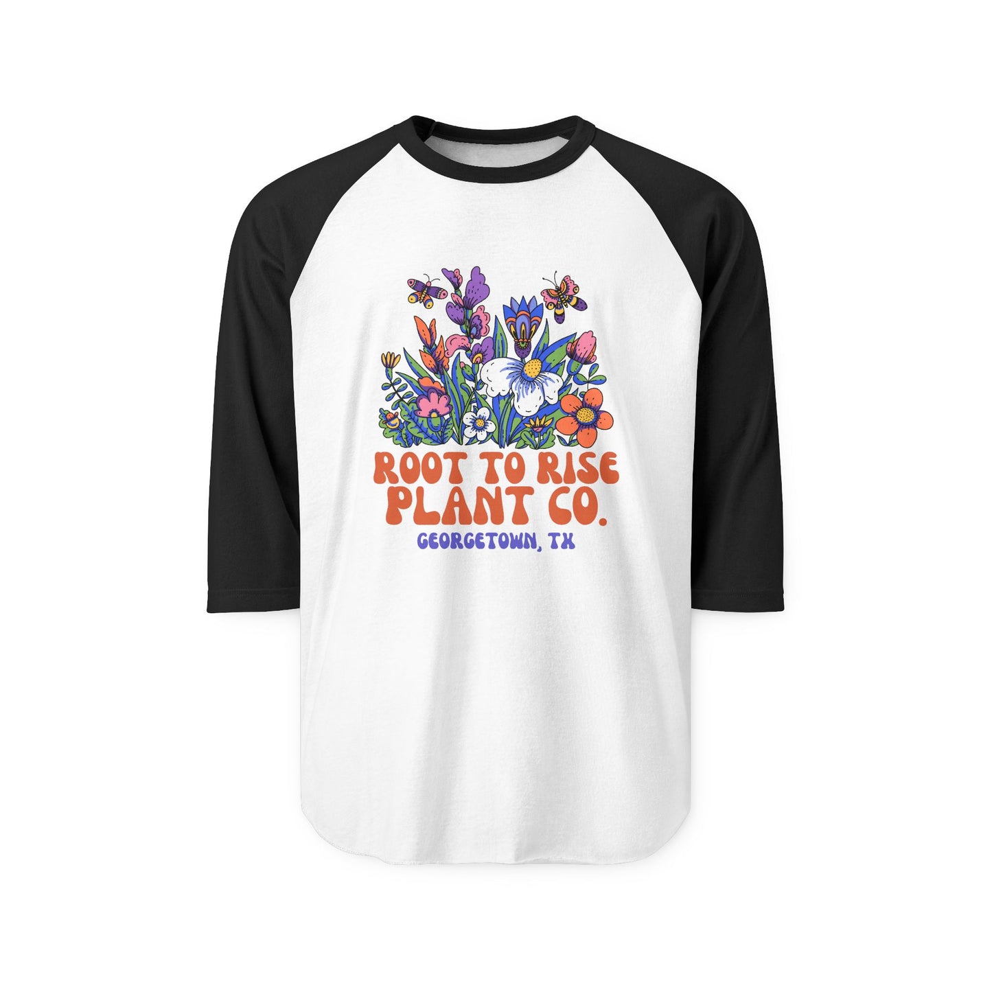 Root to Rise Plant Co. Raglan Shirt — Floral Graphic Baseball Tee