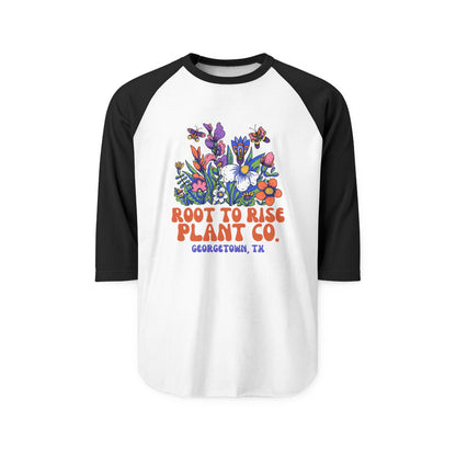 Root to Rise Plant Co. Raglan Shirt — Floral Graphic Baseball Tee