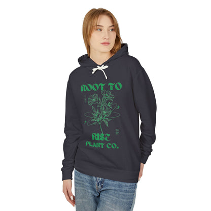 Root to Rise Plant Co. Hoodie | Botanical Line Art, Green Typography
