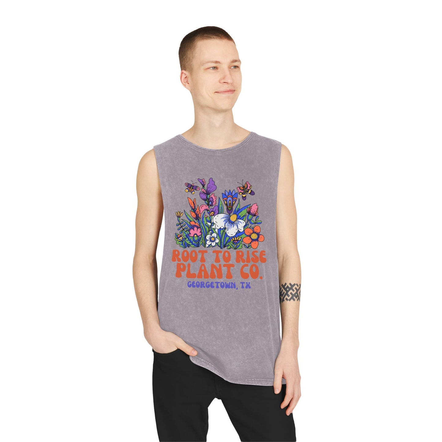 Root to Rise Plant Co. Floral Tank — Stonewash Muscle Tee for Gardeners