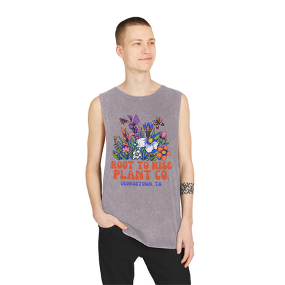 Root to Rise Plant Co. Floral Tank — Stonewash Muscle Tee for Gardeners