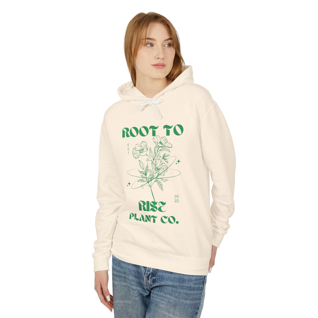 Root to Rise Plant Co. Hoodie | Botanical Line Art, Green Typography