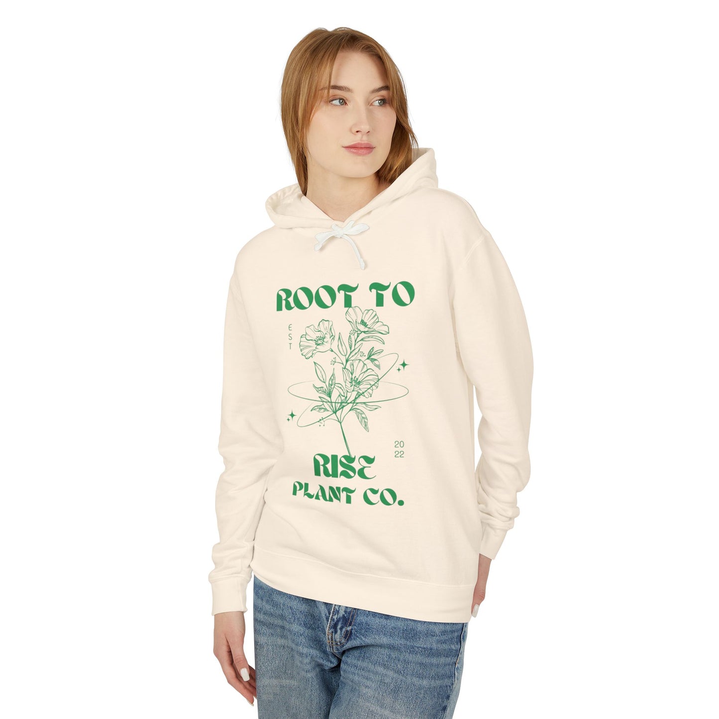 Root to Rise Plant Co. Hoodie | Botanical Line Art, Green Typography
