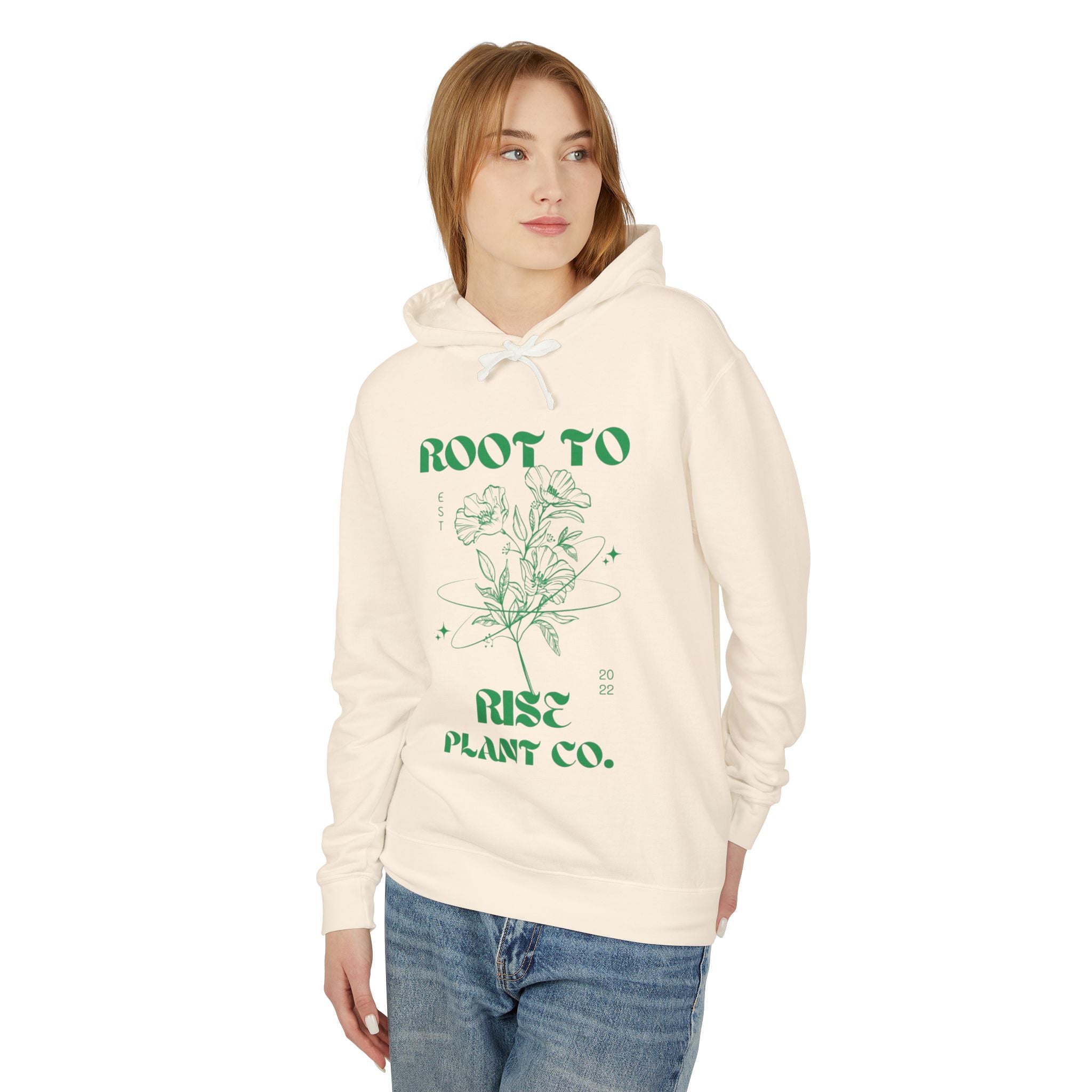 Root to Rise Plant Co. Hoodie | Botanical Line Art, Green Typography