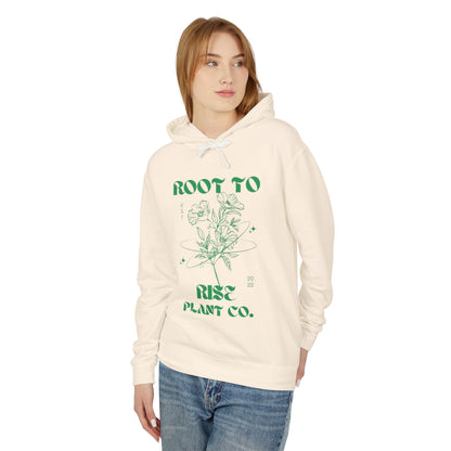 Root to Rise Plant Co. Hoodie | Botanical Line Art, Green Typography