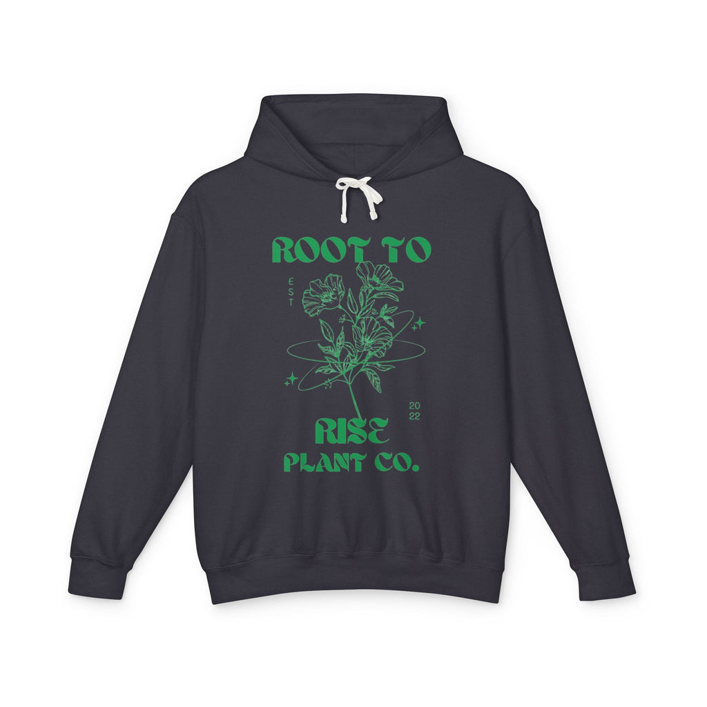 Root to Rise Plant Co. Hoodie | Botanical Line Art, Green Typography