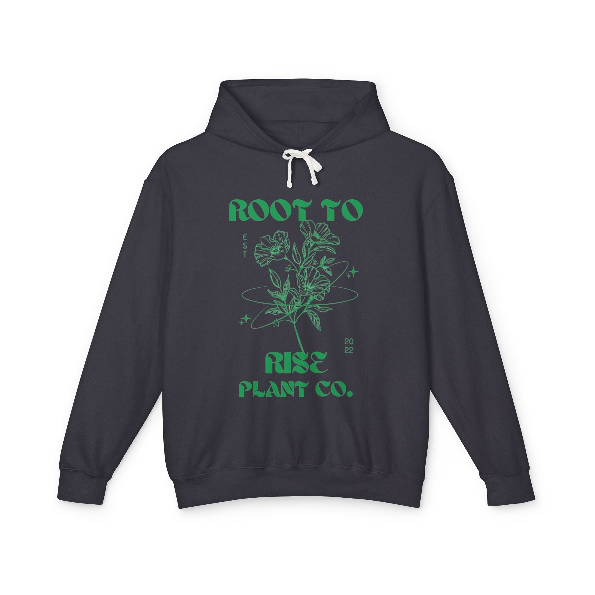 Root to Rise Plant Co. Hoodie | Botanical Line Art, Green Typography