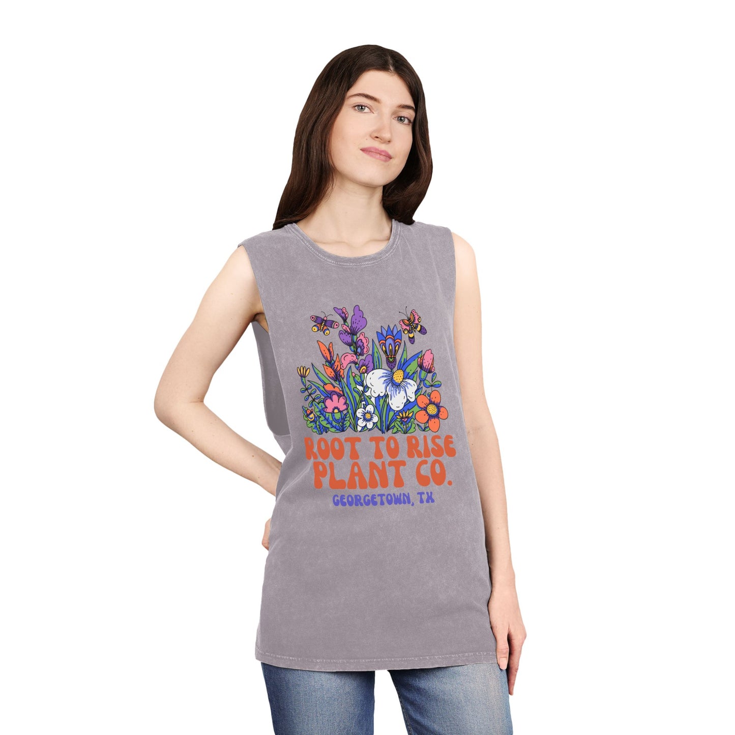 Root to Rise Plant Co. Floral Tank — Stonewash Muscle Tee for Gardeners