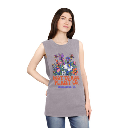 Root to Rise Plant Co. Floral Tank — Stonewash Muscle Tee for Gardeners