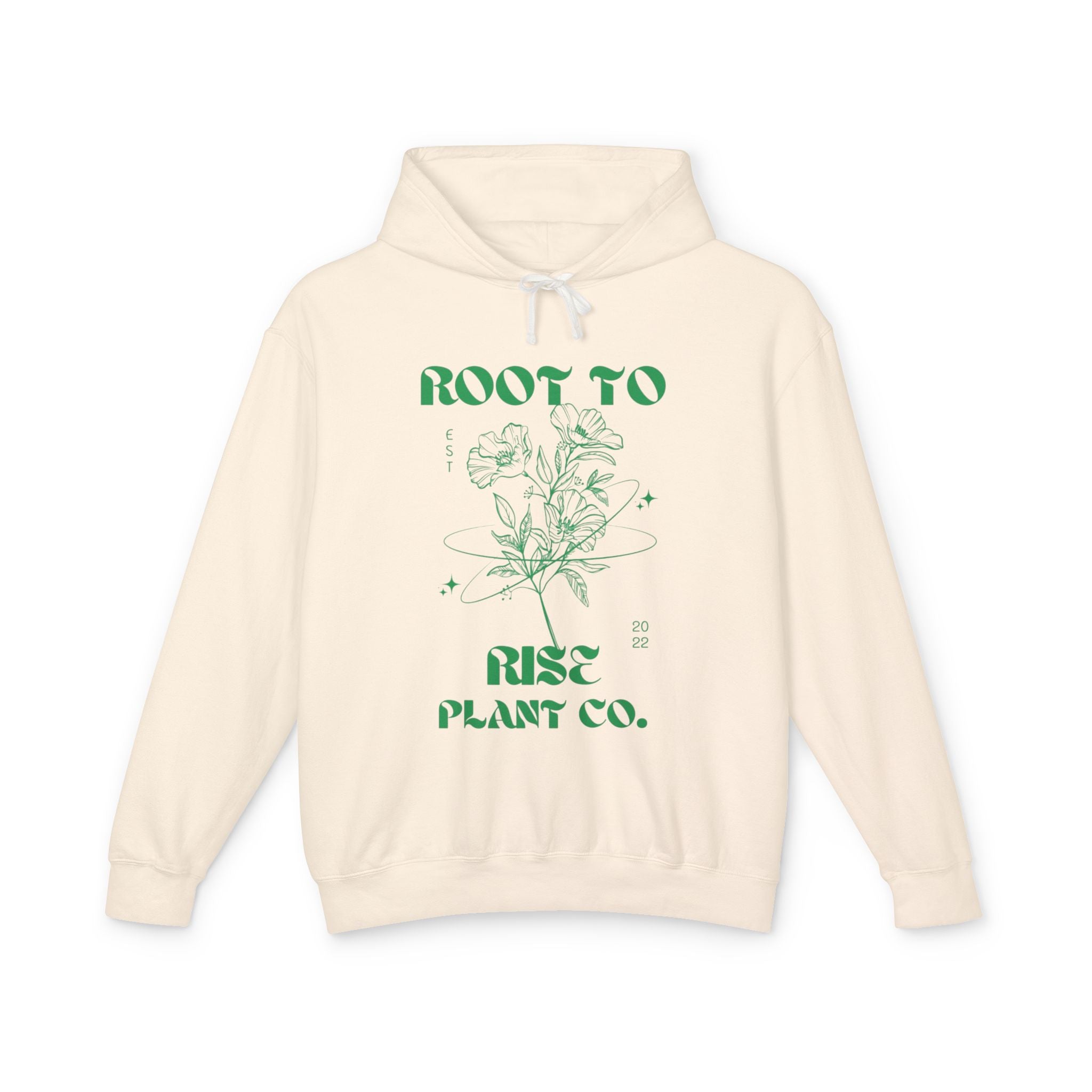 Root to Rise Plant Co. Hoodie | Botanical Line Art, Green Typography