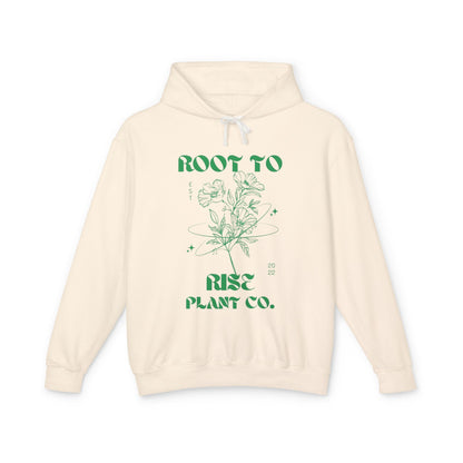 Root to Rise Plant Co. Hoodie | Botanical Line Art, Green Typography