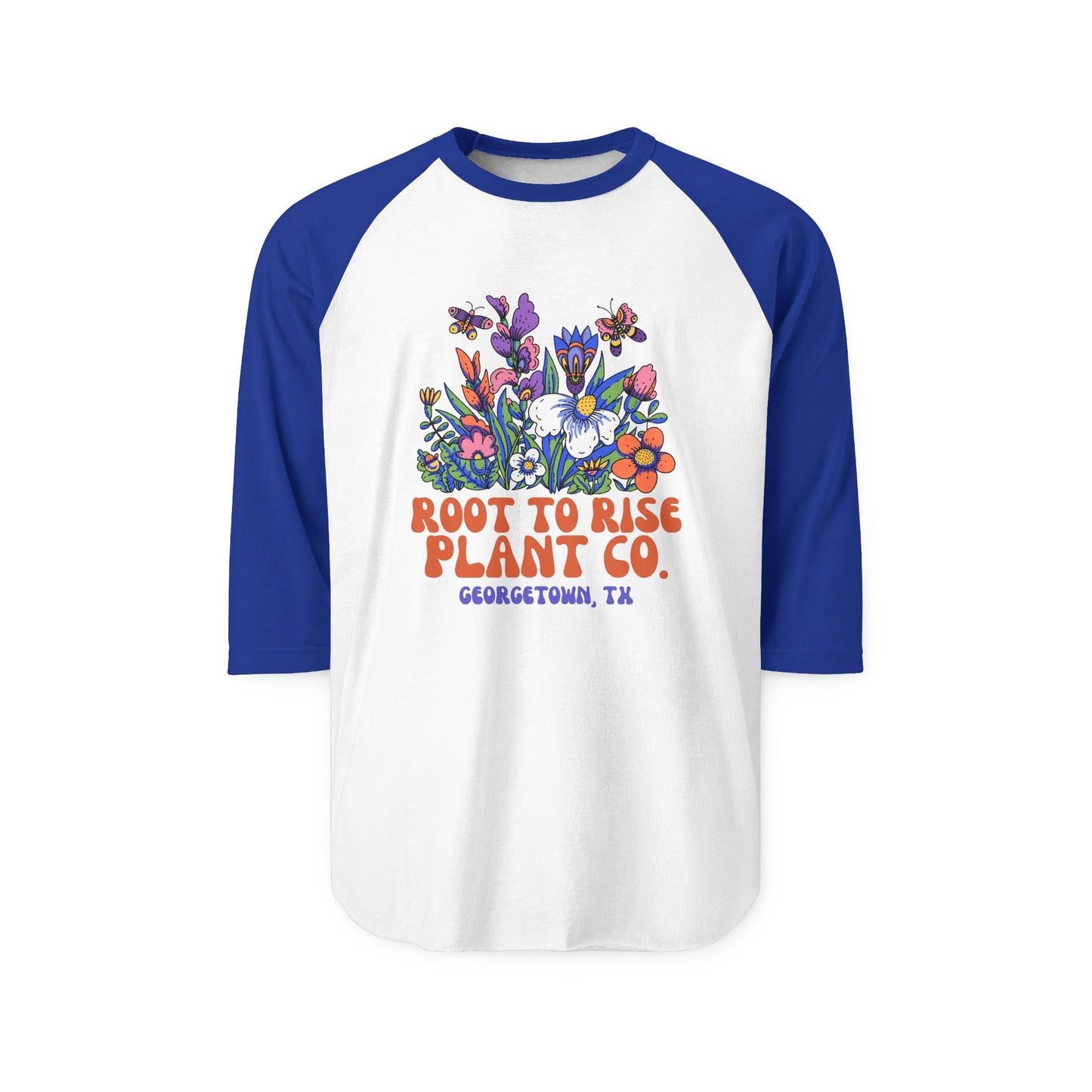 Root to Rise Plant Co. Raglan Shirt — Floral Graphic Baseball Tee