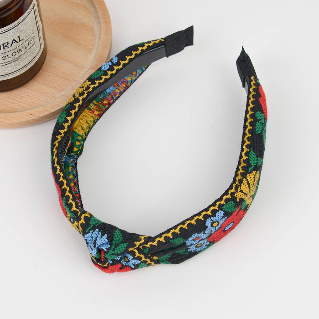 Boho Top Knot Embroidered Floral Headband
