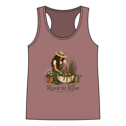 Root to Rise Plant Co. Women's Racerback Tank — Gardening Floral Vintage Graphic