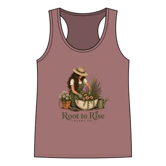 Root to Rise Plant Co. Women's Racerback Tank — Gardening Floral Vintage Graphic