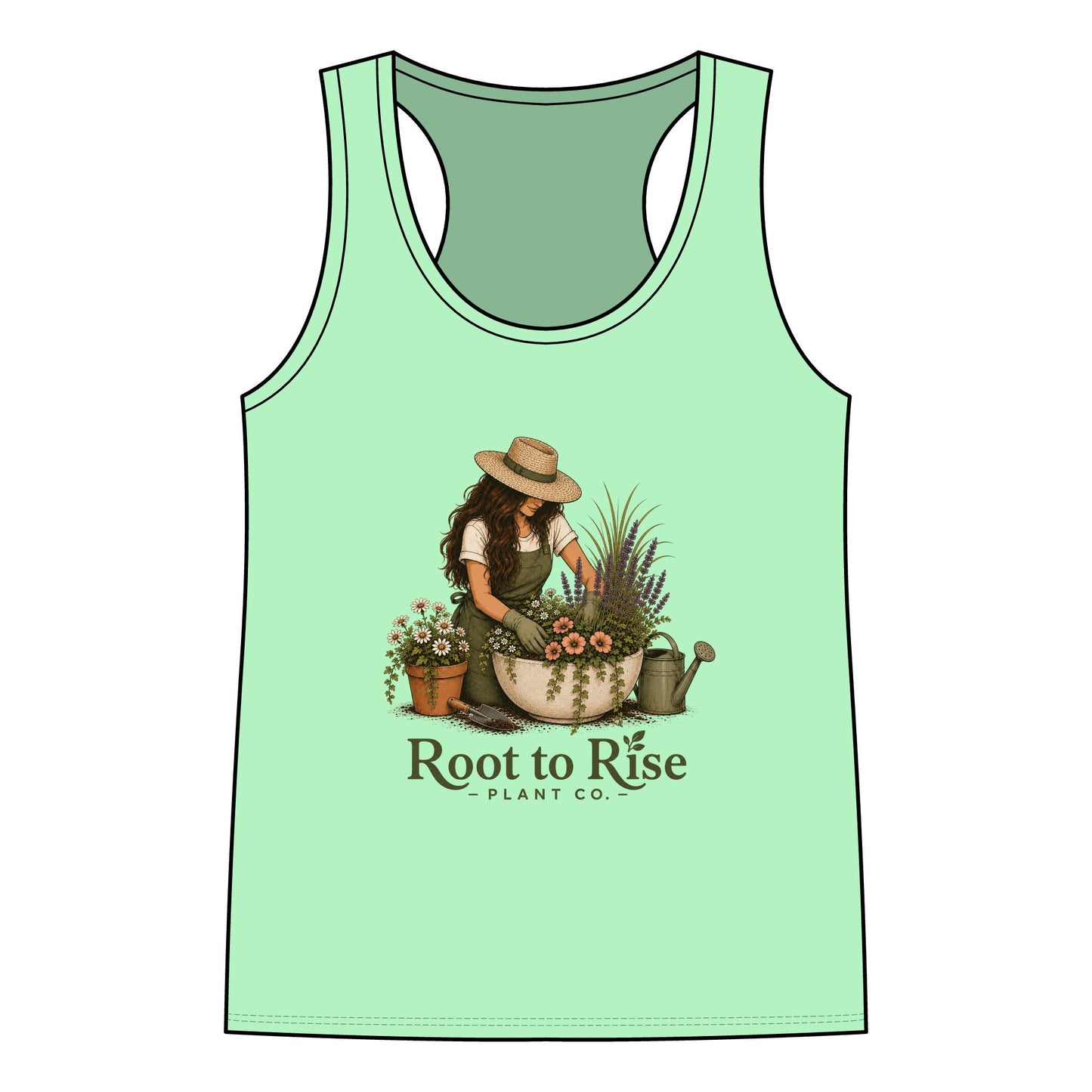 Root to Rise Plant Co. Women's Racerback Tank — Gardening Floral Vintage Graphic
