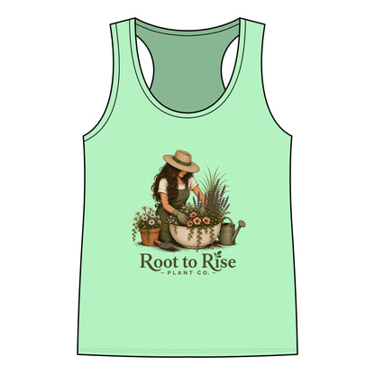 Root to Rise Plant Co. Women's Racerback Tank — Gardening Floral Vintage Graphic
