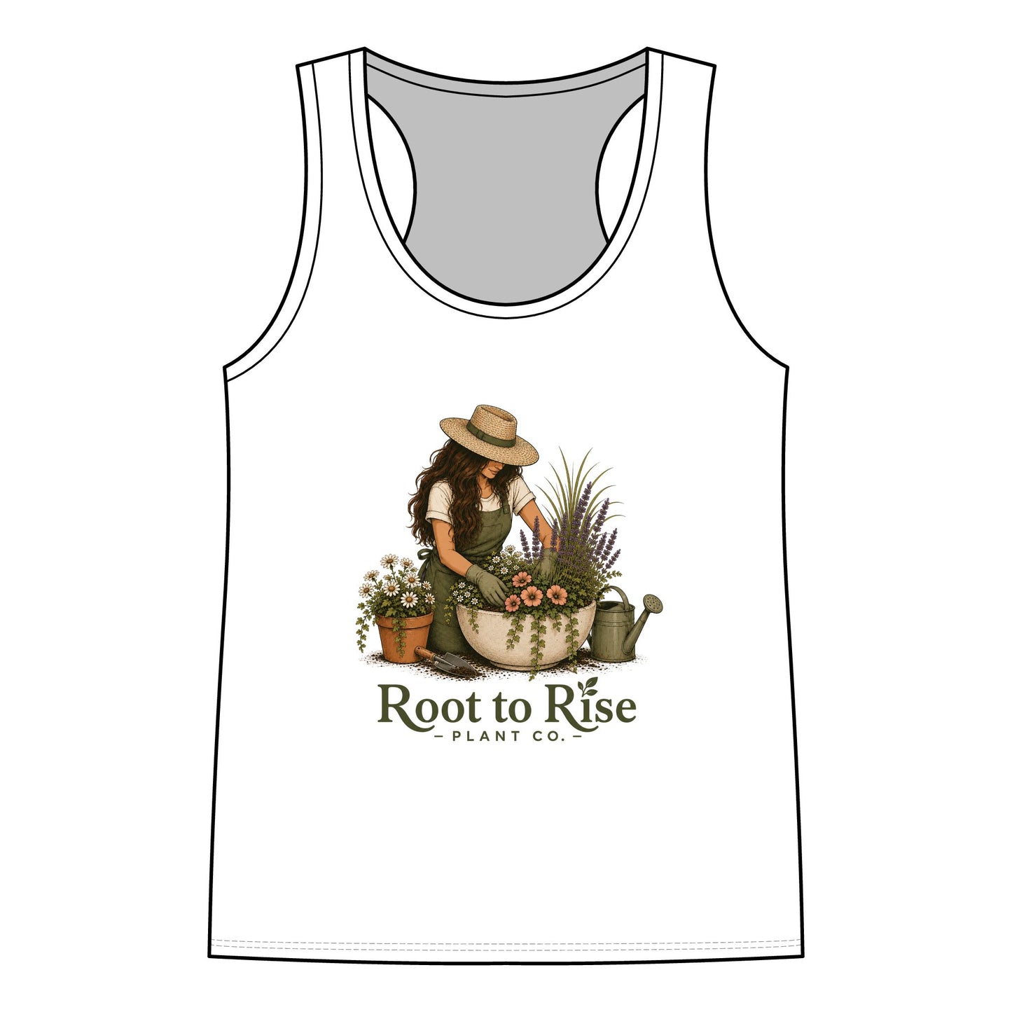 Root to Rise Plant Co. Women's Racerback Tank — Gardening Floral Vintage Graphic