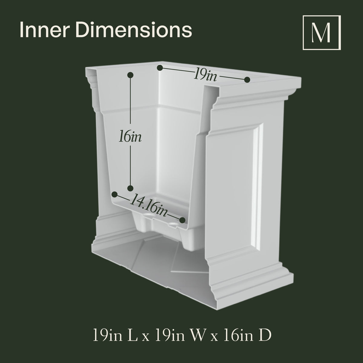 Square Faire planter (24in) inner dimensions: 19in L x 19in W x 16in D