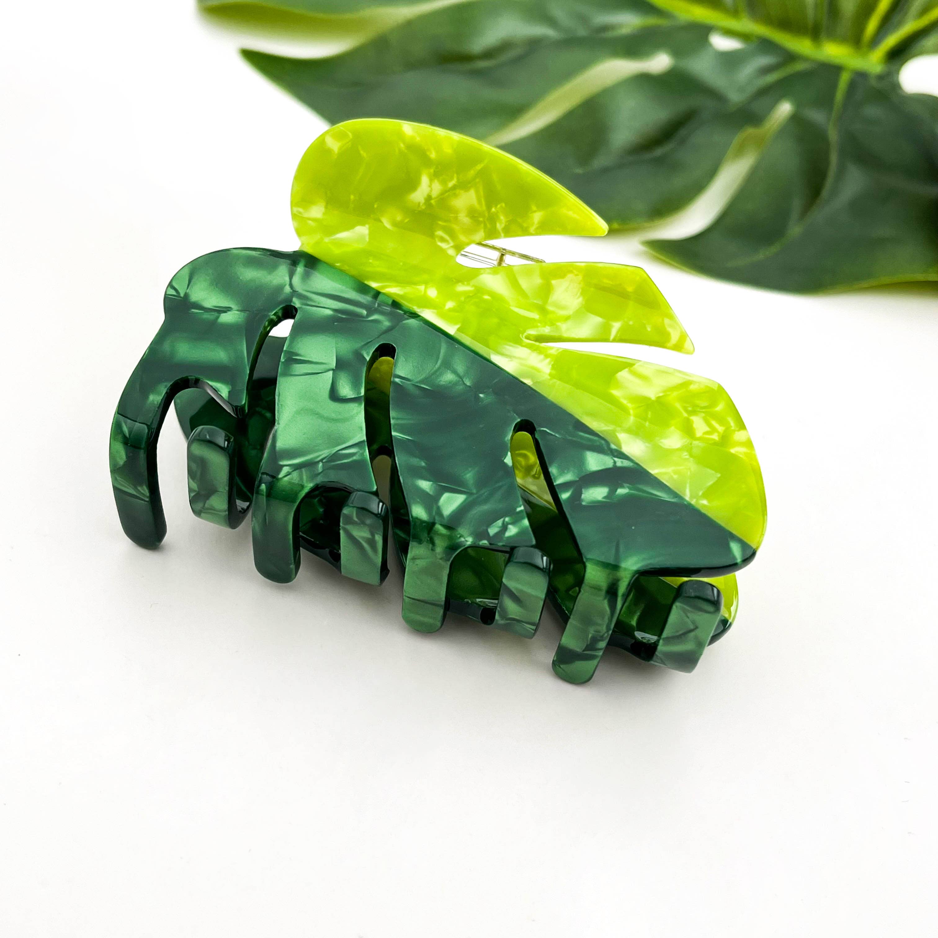 Two-Tone Green Monstera Leaf Hair Claw, Acetate Hair Clip