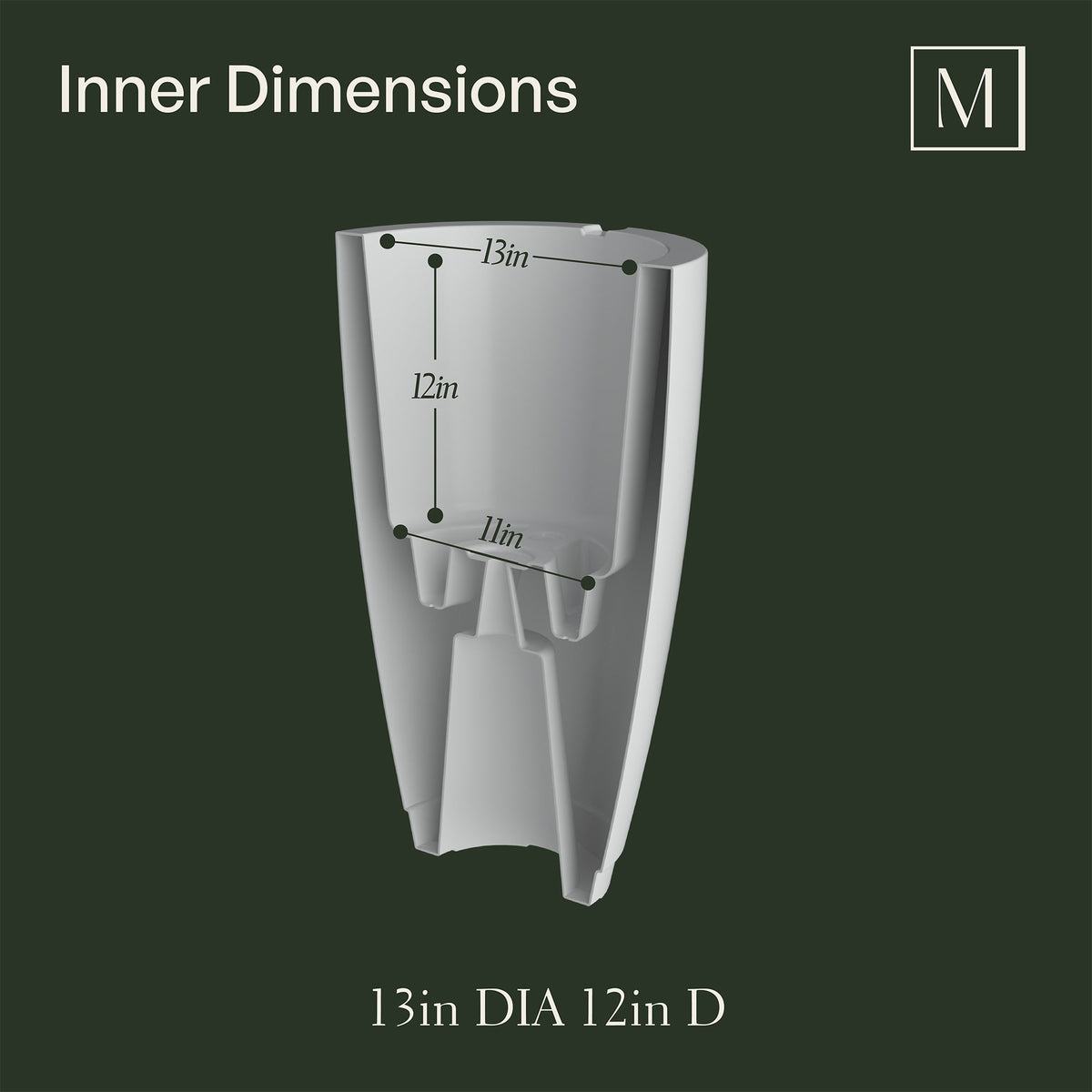 Capri Planter inner dimensions: 13in L x 13in W x 12in H