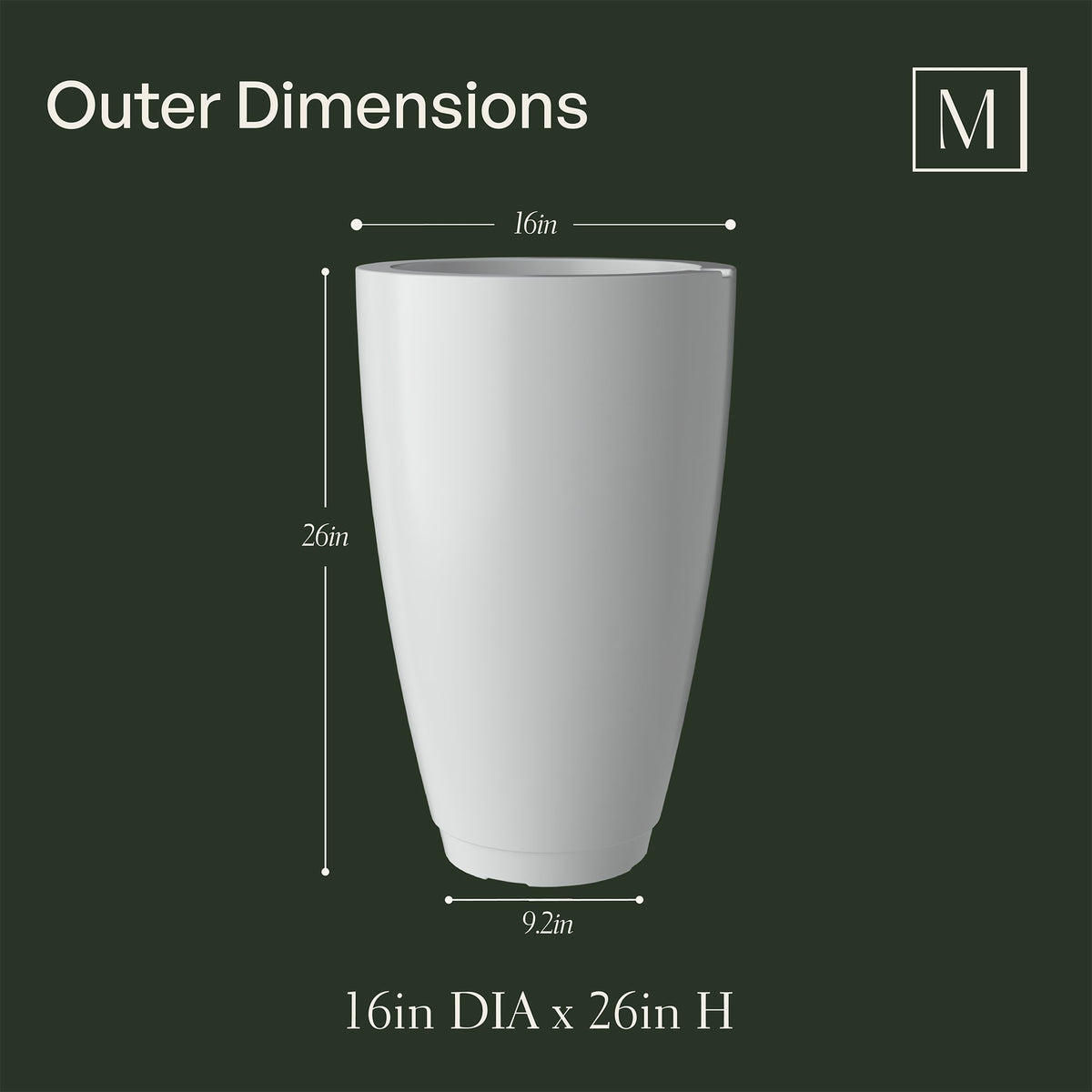 Capri Planter outer dimensions: 16in L x 16in W x 26in H