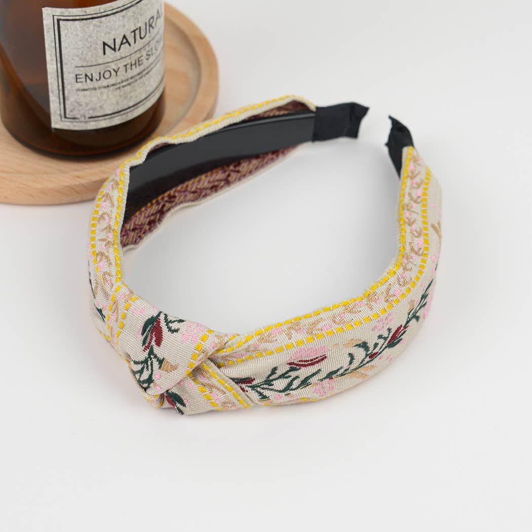 Boho Top Knot Embroidered Floral Headband