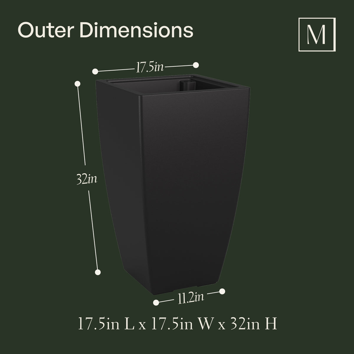 Kobi Planter (32in) outer dimensions: 18in W x 18in D x 32in H