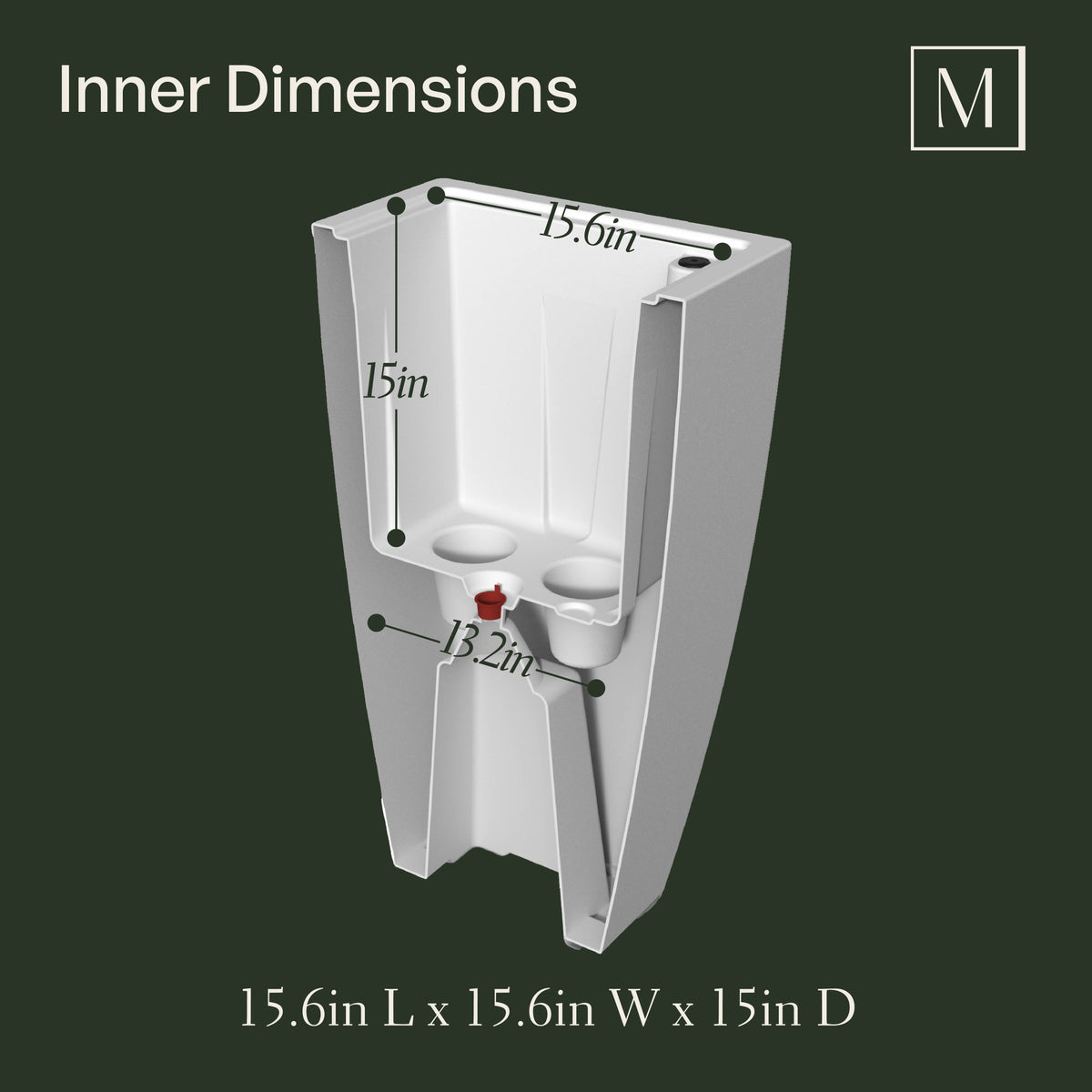 Kobi Planter (38in) inner dimensions: 15.5625in L x 15.5625in W x 15in D