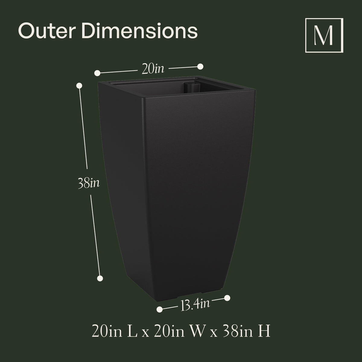 Kobi Planter (38in) outer dimensions: 20in W x 20in D x 38in H