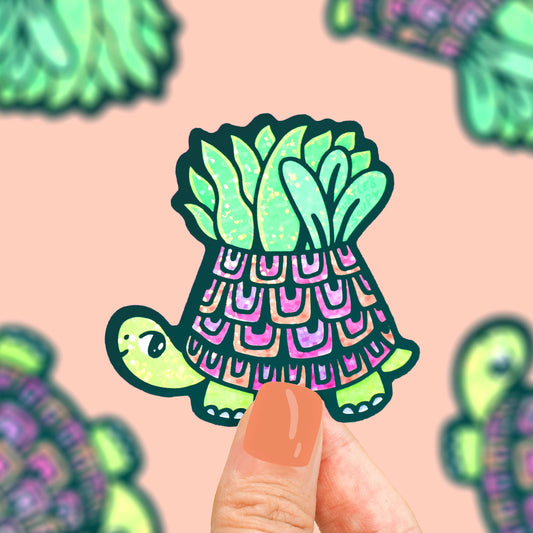 Turtle Planter Pet Holiday Gift Vinyl Sticker (Glitter)