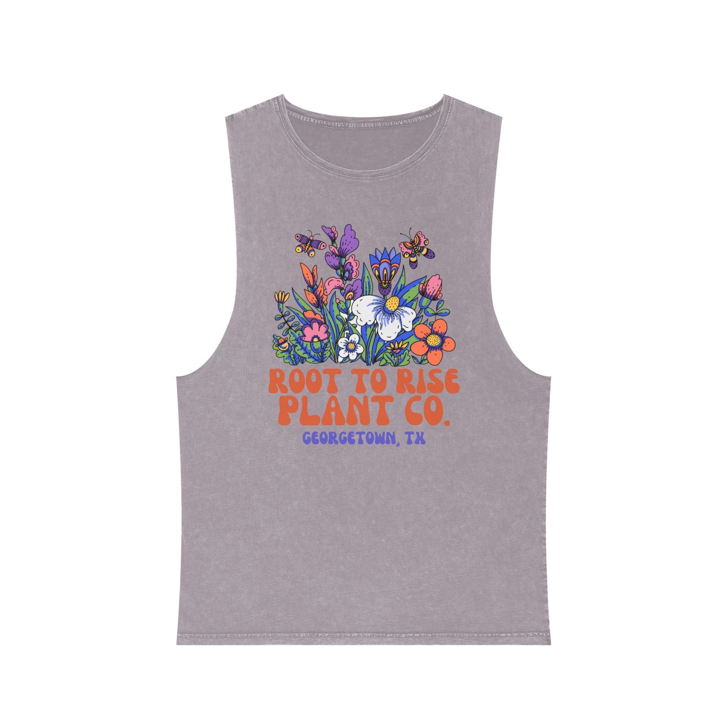 Root to Rise Plant Co. Floral Tank — Stonewash Muscle Tee for Gardeners
