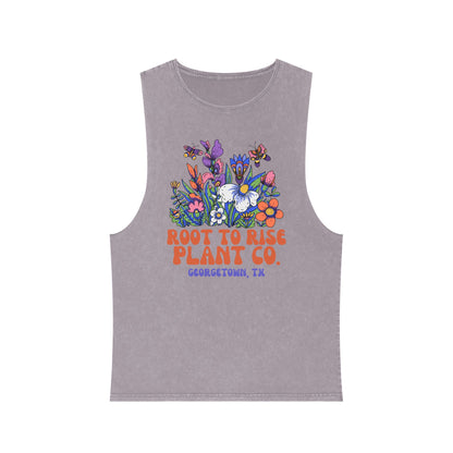 Root to Rise Plant Co. Floral Tank — Stonewash Muscle Tee for Gardeners