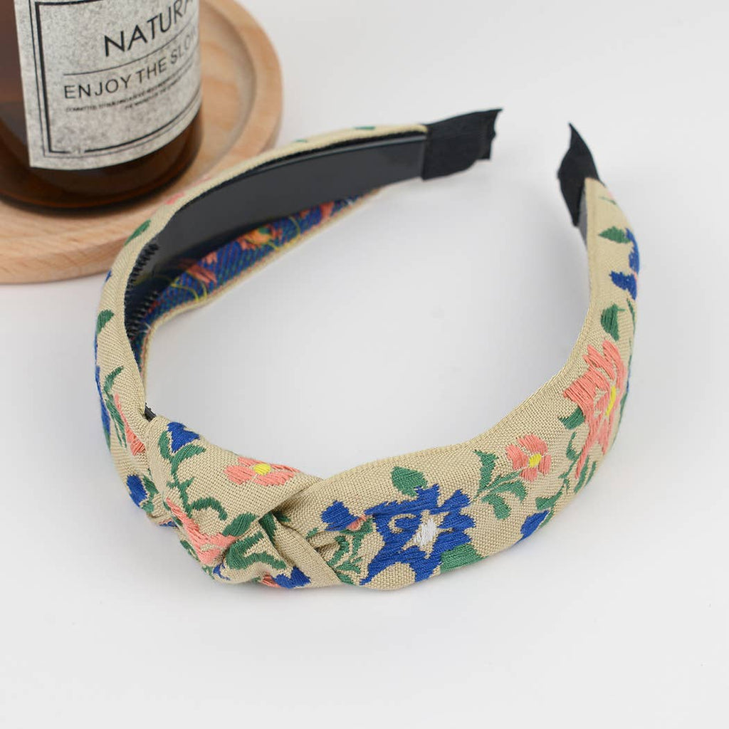 Boho Top Knot Embroidered Floral Headband