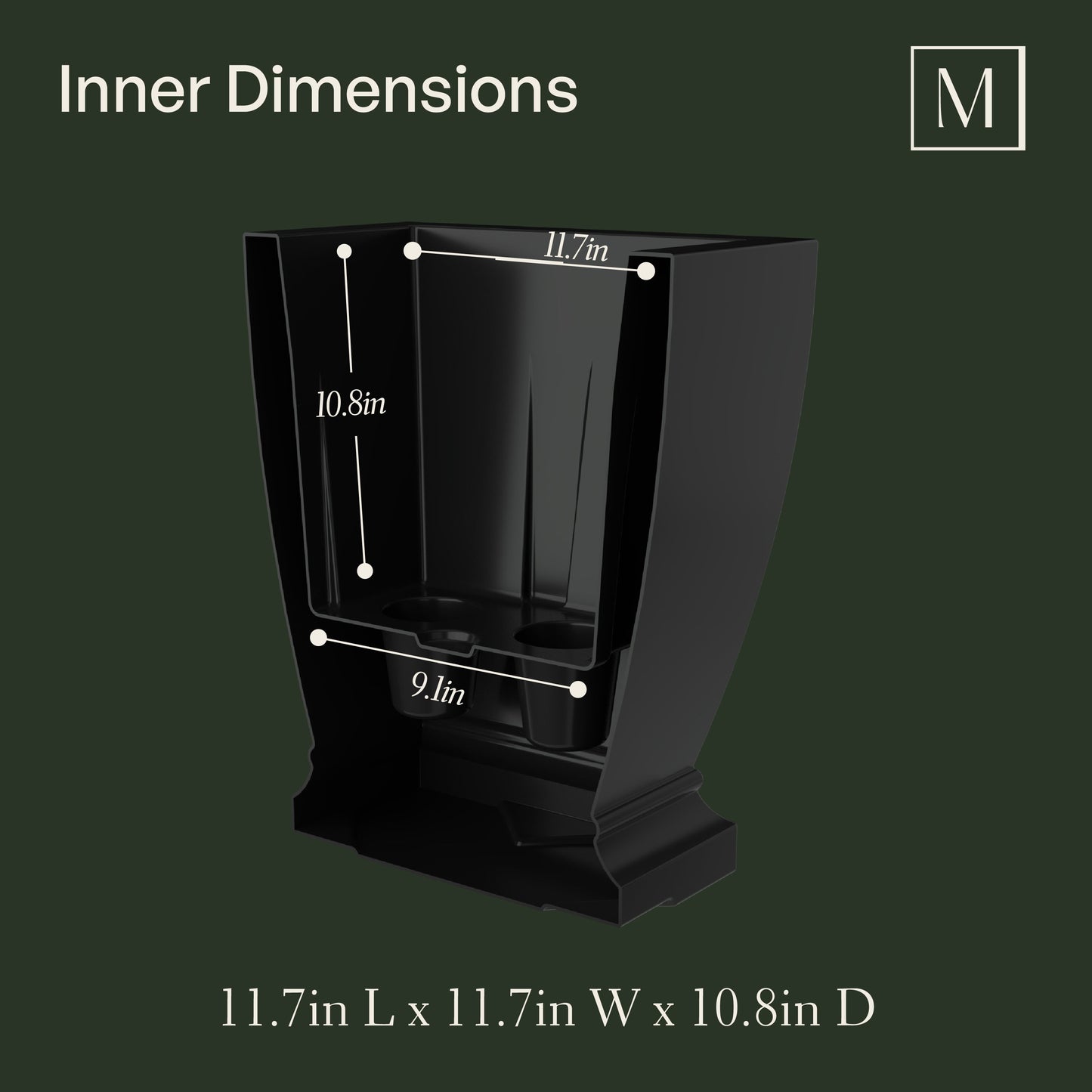Acadia Planter inner dimensions: 12in L x 12in W x 11in H