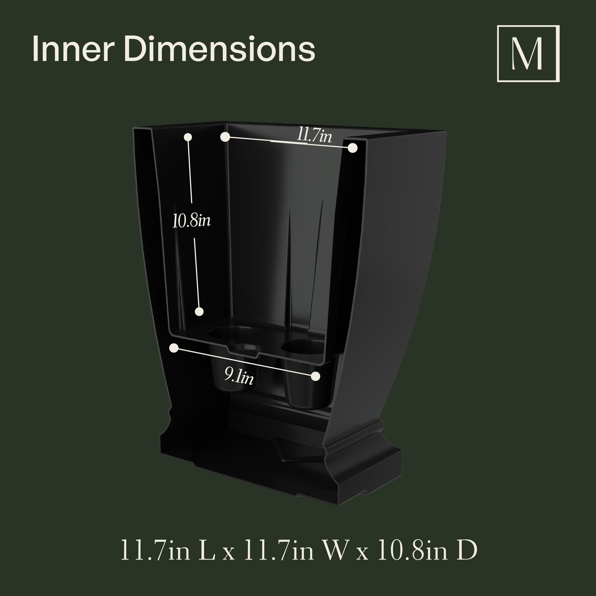 Acadia Planter inner dimensions: 12in L x 12in W x 11in H