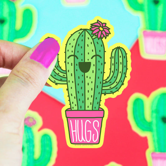 Hugs Potted Cactus Green Plants Water Bottle Vinyl Sticker