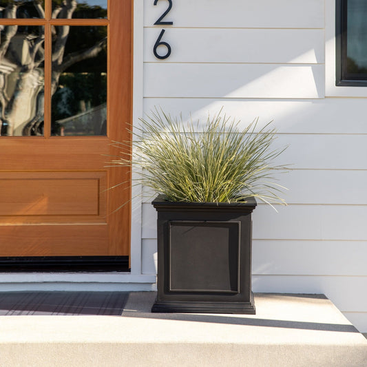 Iris Planter styled on a front porch entryway